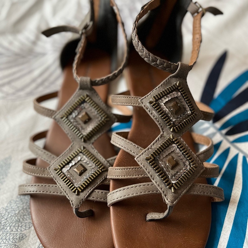Sage Green gladiator sandals.
